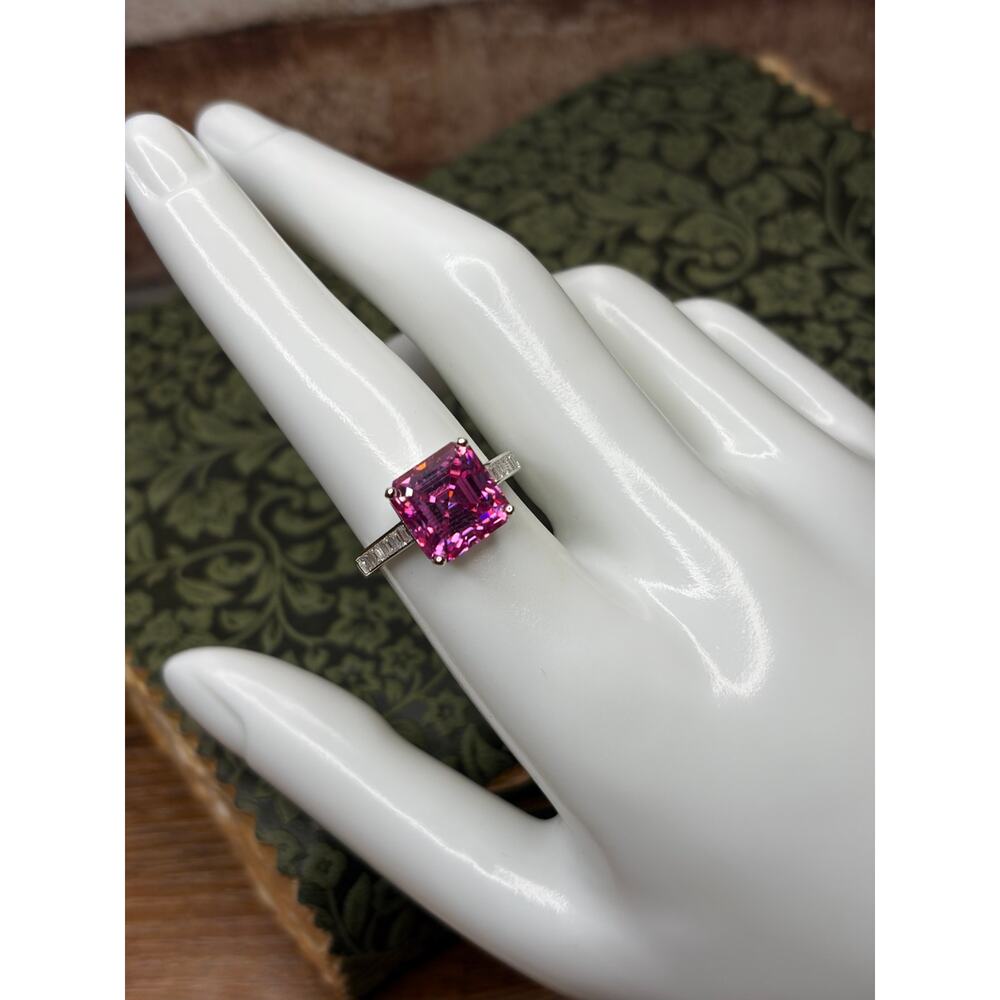 5 Carat Deep Pink Asscher Cut Moissanite Ring 925 Sterling Silver Size 8